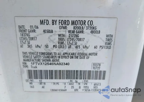 2006 Ford F-150 Lariat/Xl/Xlt из США, поврежденный, VIN 1FTVX12546NA92340